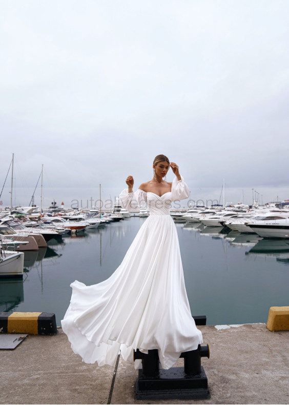 Off Shoulder White Pleated Chiffon Bohemian Beach Wedding Dress